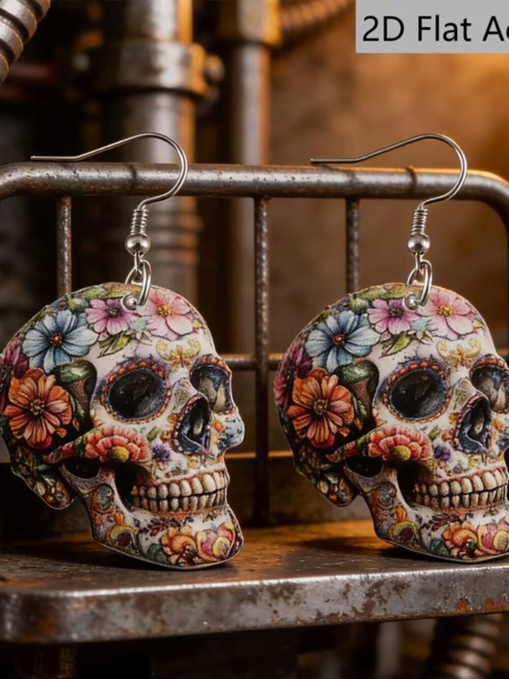 Vintage Style Skull & Floral Acrylic Mexican Day of The Dead Earrings